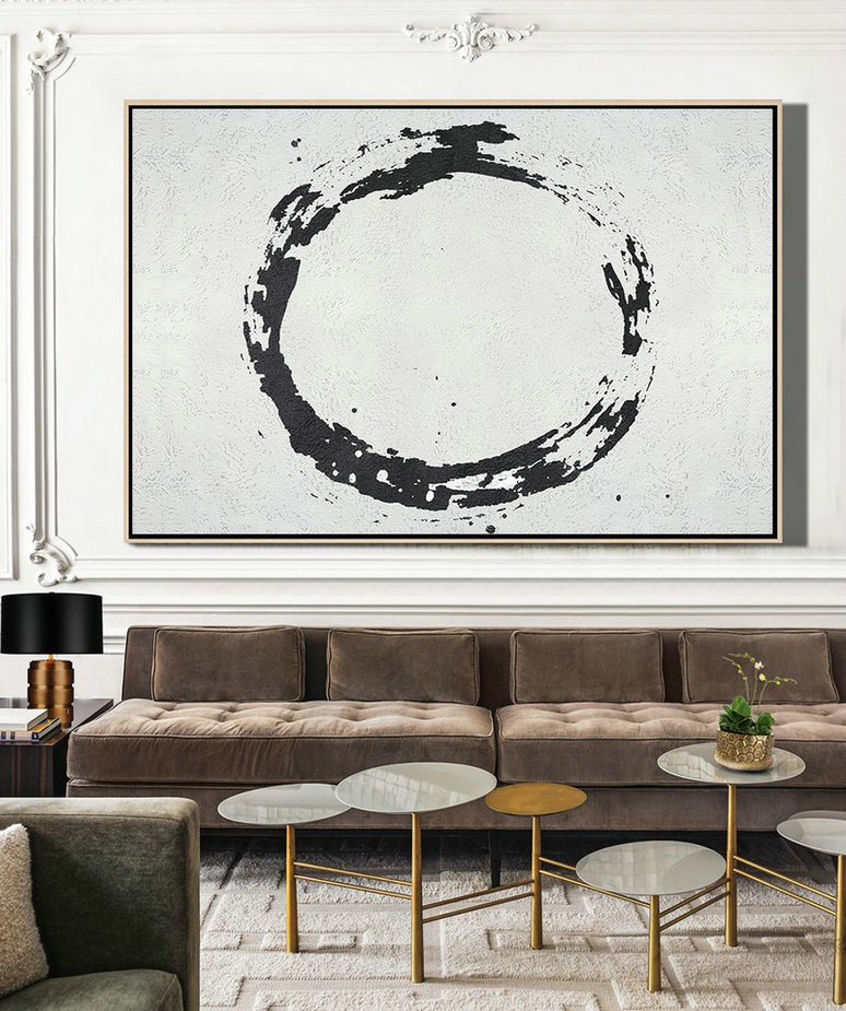 Acrylic Painting Large Wall Art,Oversized Horizontal Minimalist Circle Art On Canvas, Black And White Minimalist Painting - Canvas Wall Art